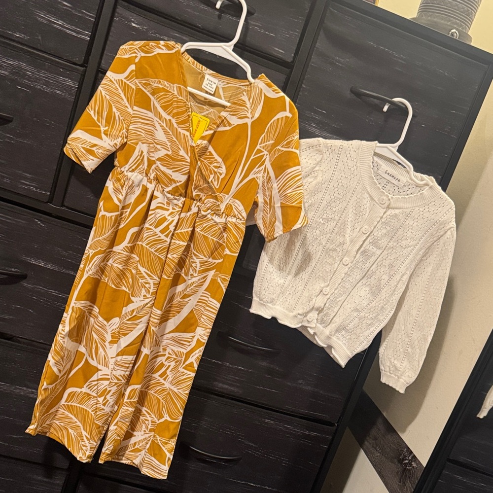 Mustard Leaf Print Jumpsuit and White Knit Cardigan
